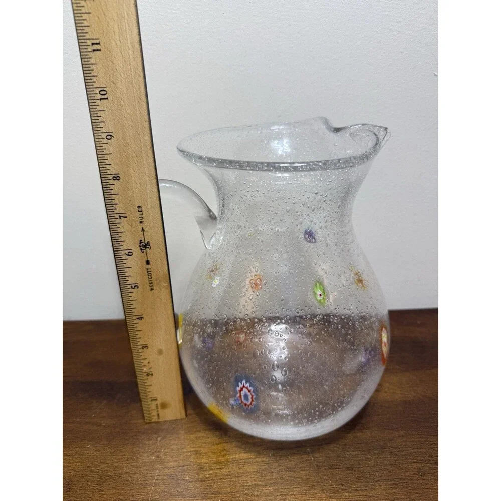 Crate & Barrel Zazz Millefiori 8.5” Hand-Blown Bubble Art Glass Pitcher Whimsy